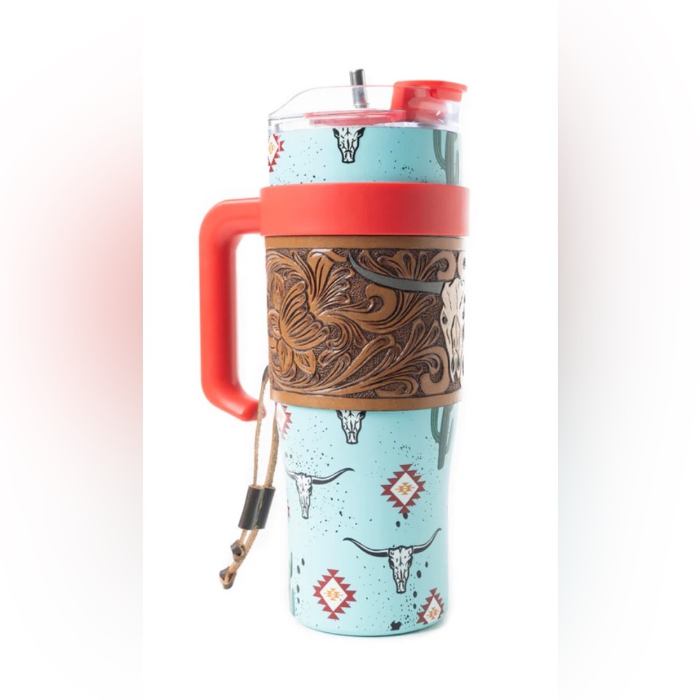 NWT Myra Western Travel Mug with Red Lid and Handle Hand Tooled Leather Wrap - Picture 5 of 5